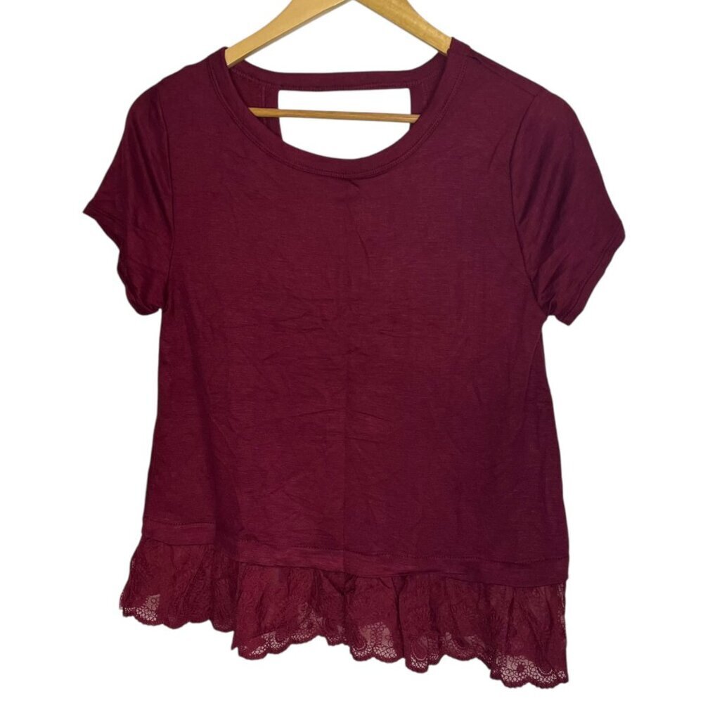 June & Ivy‎ Size S Peplum Lace Trim Blouse Wine Red Romantic Elevated Basic New